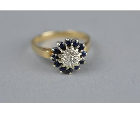 A DIAMOND AND SAPPHIRE 9CT GOLD CIRCULAR CLUSTER RING, the centre illusion set round brilliant cut diamond weighing approxima