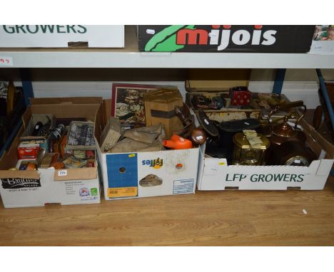 THREE BOXES OF CLOCKS, TOOLS, binoculars, books, cameras, copper and brass, etc (3 boxes, metal chest and loose)