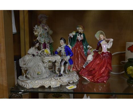 FOUR FIGURES/GROUP, to include Royal Doulton 'Autumn Breezes' HN1934, 'Lady Charmian' HN1949, Dresden lace work figure group,