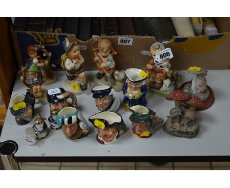 THREE HUMMEL FIGURES, two similar figures, small Royal Doulton character jugs and other small ornaments