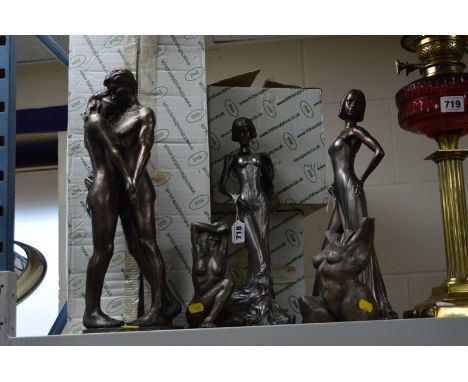 THREE BOXED FRITH SCULPTURES, comprising a bronzed 'The Kiss', 'Zhara' and 'Pia' with silvered finish, together with a Paul J