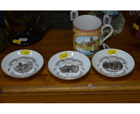 A ROYAL WORCESTER 250TH ANNIVERSARY LTD EDITION MUG, and three Royal Worcester 1971 circular dishes (4)