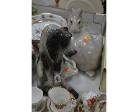 PAUL JENKINS, TWO LARGE RAKU CERAMIC FIGURES, seated dog, approximate height 32.5cm, together with a large Hare (ears broken)