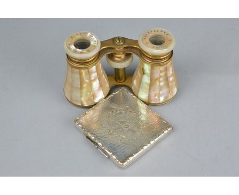 A PAIR OF M VIERFELDER FREIBURG MOTHER OF PEARL OPERA GLASSES (af), together with a silver plated compact, initialled monogra