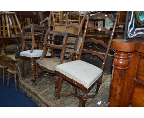 TWO MAHOGANY LADDERBACK CHAIRS, on a cross stretchered supports, two oak chairs, a modern mahogany armchair, earthenware jug 
