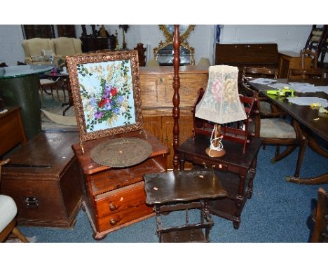 AN OAK FALL FRONT BUREAU, and a pine TV stand, with two doors, a modern occasional table with single drawer, a standard lamp,