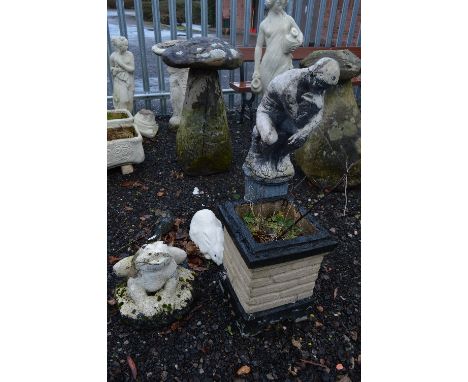 A COMPOSITE GARDEN FIGURE OF THE THINKER, approximate height 92cm, a square planter and three animal figures (5) 