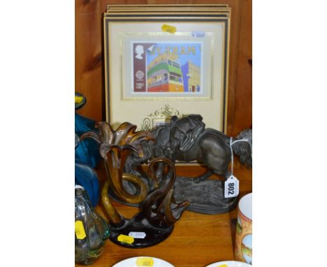 A LATE 19TH CENTURY SPELTER FIGURE OF A PONY CARRYING A DEAD DEER, a brown glass vase and a set of five framed stamp and post