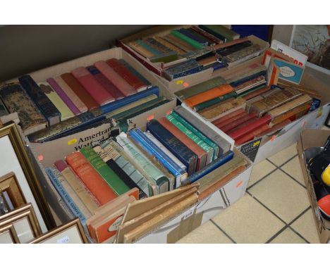 FOUR BOXES OF BOOKS, various subjects, includes worn leather bindings, together with an Archibald Thorburn print of a Kingfis