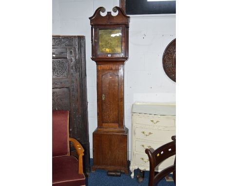 A LATE 18TH CENTURY OAK AND MAHOGANY BANDED LONGCASE CLOCK, broken swan neck pediment with brass roundels above a plain hood,