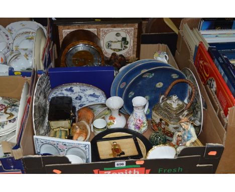 TWO BOXES OF CERAMICS, GLASSWARE, TREEN, etc, including oak cased mantel clock, set of three Japanese porcelain plates, etc (