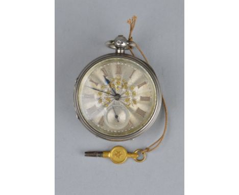 AN EARLY 20TH CENTURY OPEN FACE SILVER POCKET WATCH, silvered dial and subsidiary dial with applied gilt floral decoration an