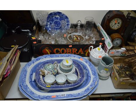 THREE VICTORIAN BLUE AND WHITE POTTERY MEAT PLATTERS, together with ceramics and glassware including decanters, celery vase, 