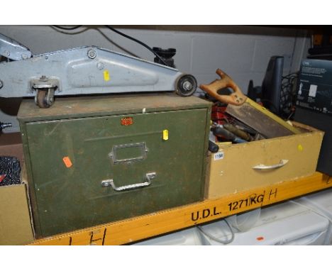 A TRAY  AND A METAL DRAWER UNIT, containing tools, a trolley jack and a Black & Decker drill, etc