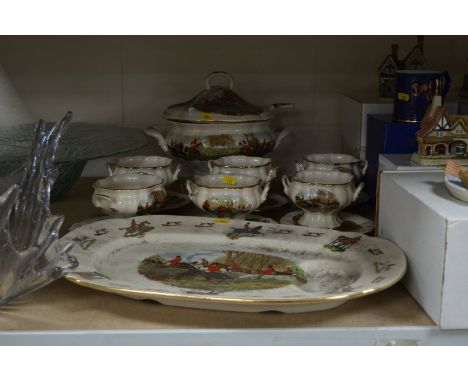 AN ALLENDALE SOUP TUREEN, LADLE, twin handled soup bowls and stands and a meat platter, all printed with fox hunting scenes a
