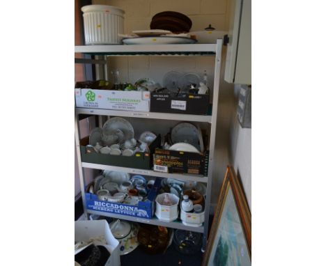 FIVE BOXES OF KITCHEN CROCKERY AND GLASSWARE, together with other household items including glass and ceramic light shades (5
