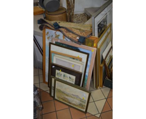 PICTURES AND PRINTS, a machine woven tapestry of a medieval scene, with wooden pole, assorted prints and paintings, midwifery