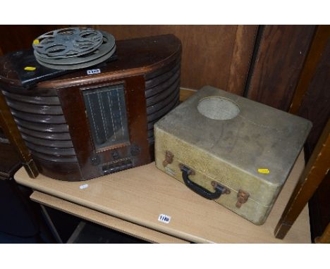 A G.E.C. DECO STYLE VALVE RADIO, a Philips Disk Jockey major portable record player and a Peerless 9.5 projector (3)