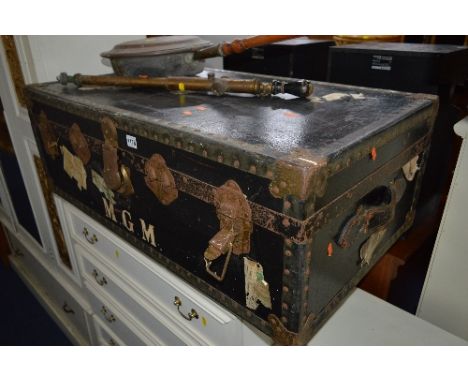 A VINTAGE TRAVELLING TRUNK, badged Pakawa and M.G.M painted on front, a brass Dronwall sprayer and a copper warming pan (3)