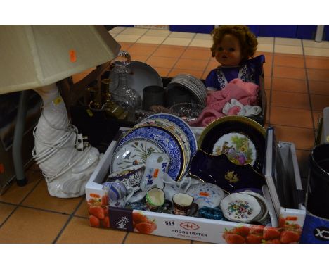 TWO BOXES AND LOOSE CERAMICS, GLASS, DOLL, etc, to include Royal Doulton, cut glass decanter, bowls, paperweights etc