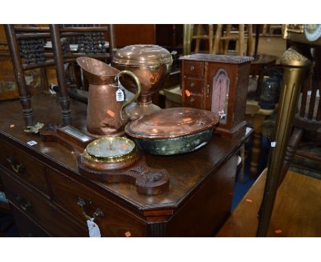 AN OAK CASED ANEROID BAROMETER, three various copper miscellaneous, folding occasional table (no top), small jewellery unit e