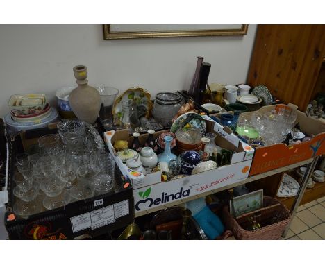 FIVE BOXES OF GLASSWARE, CERAMICS, ETC, including drinking glasses, modern paperweights, porcelain lady pin cushion tops, etc