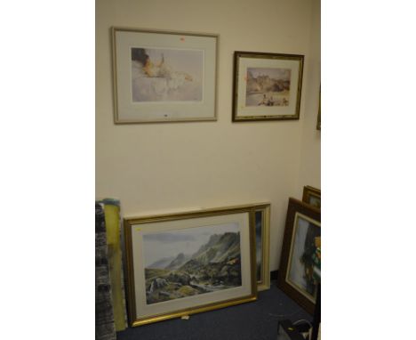 AFTER ERIC STURGEON, a signed colour print of a lady with looking glass, together with Russell Flint colour prints, two other