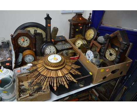 A QUANTITY OF 19TH AND 20TH CENTURY WALL, MANTEL AND OTHER CLOCKS, and clock parts, mostly for restoration (three boxes and l