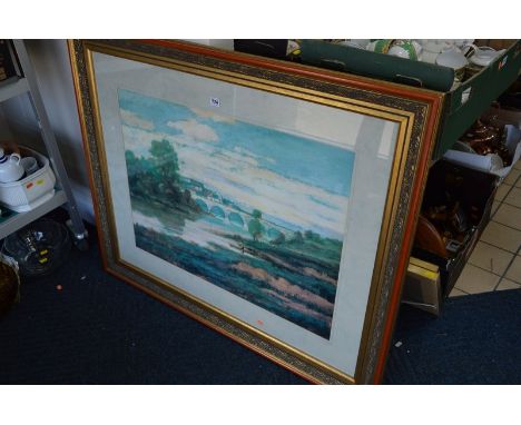 A LARGE RIVER SCENE PRINT WITH BOATS ON WATER, approximate size 59cm x 80.5cm 