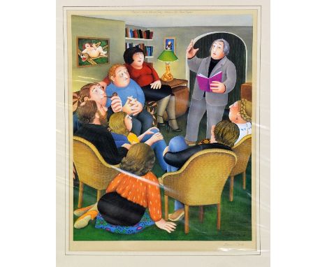 AFTER BERYL COOK, 'POETRY READING', an open edition print signed by Beryl Cook in pencil, unframed, 48cm x 37cm