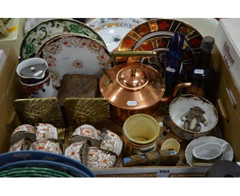 A BOX OF CERAMICS, METALWARES, GLASSWARE, etc, including tea wares, opera glasses, Beswick Koala, etc