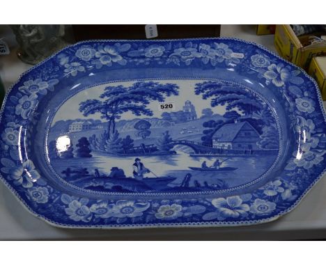 A 19TH CENTURY SPODE MEAT PLATTER, blue and white transfer Boatman Wild Rose pattern, approximate length 56cm