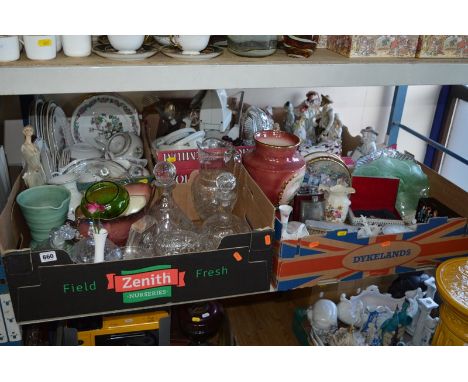 FIVE BOXES OF CERAMICS, GLASSWARE, KITCHENALIA, etc, including decanters, figural ornaments (five boxes)