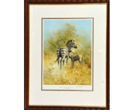 AFTER DAVID SHEPHERD, 'ZEBRA MOTHER AND FOAL, ETOSHA', a limited edition print, 69/850, signed and numbered in pencil, with c