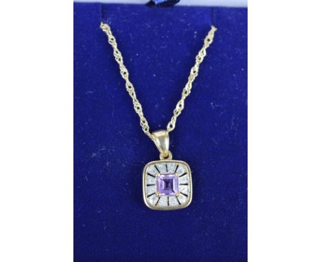 AN AMETHYST AND DIAMOND 9CT GOLD PENDANT NECKLACE, the central square cut amethyst with radiating diamond surround, weight ap