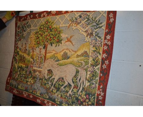 A WALL HANGING TAPESTRY, Unicorn Summer by David Cornell, wool and cotton blend, 90cm x 118cm, together with a brass hanging 