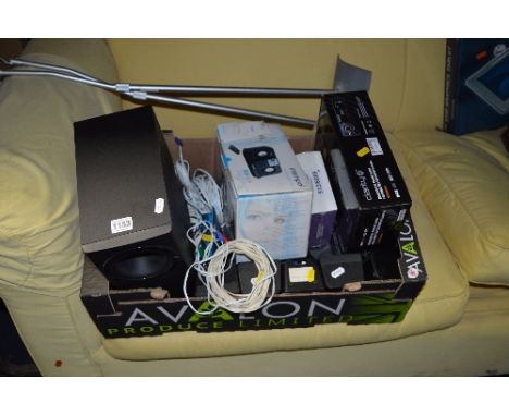 A TRAY OF AUDIO EQUIPMENT including a Clarity car radio (boxed) a Intempo docking speaker etc