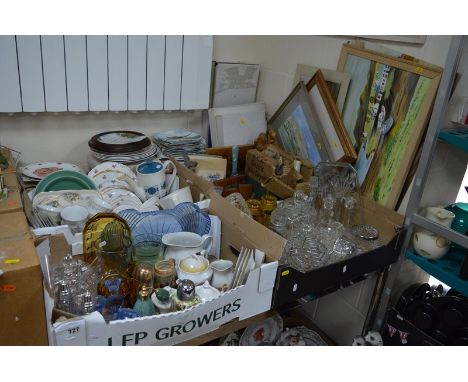 FOUR BOXES OF GLASSWARE, CERAMICS, TREEN AND COLLECTABLES, together with a quantity of boxed collectors plates, assorted wate