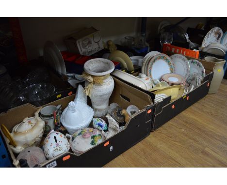 FIVE BOXES OF CERAMICS, GLASSWARE, etc, including Royal Albert Lucky Clover plates and boxed drinking glasses (five boxes and