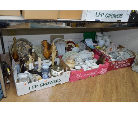 SIX BOXES OF CERAMICS, glassware , ceramic horse with wooden cart, kitchen crockery, etc (6 boxes and loose)