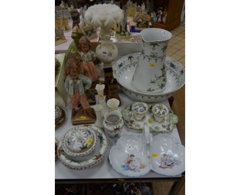 A LATE 19TH CENTURY SECTIONAL ALABASTER STAND, together with four plaster figures, three modern belleek vases, wash stand acc