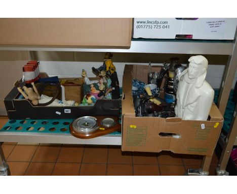 TWO BOXES OF SUNDRIES, to include barometer, model motor bike, ceramic figure of pilot, clowns, artist's articulated figure, 