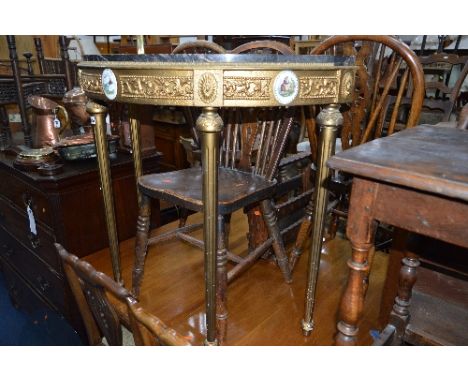 A GILT PAINTED DEMI LUNE HALL TABLE, with black marble top and three oval ceramic plaques, approximate size width 91cm x heig