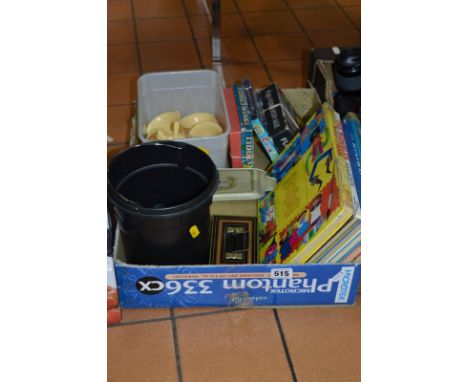 A QUANTITY OF LOOSE MARBLES, plastic child's tea set, Chad Valley tinplate money box (missing key), boxed games, quantity of 