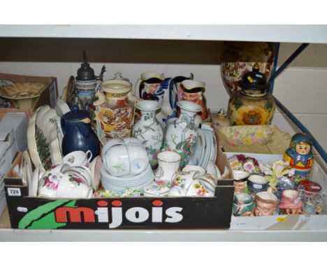 THREE BOXES OF CERAMICS, GLASSWARE, RUSSIAN DOLL, late Victorian pottery twin handled vase and cover, Character jugs, etc (th