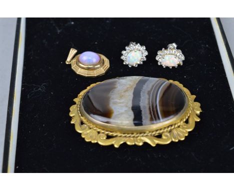 A 9CT SLOCUM STONE OVAL PENDANT, a pair of cubic zirconia and synthetic opal ear studs and large banded agate brooch