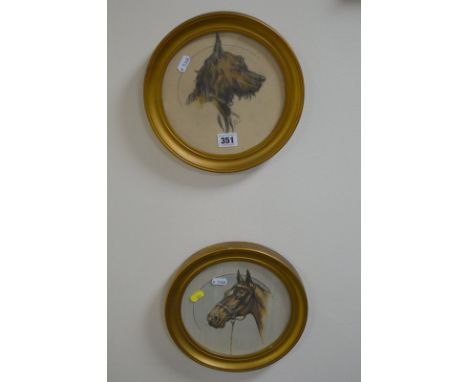 P. LORD, COLOURED PENCIL SKETCH OF A DOG'S HEAD, signed in pencil, tondo, diameter 19cm, together with a print on silk of a h