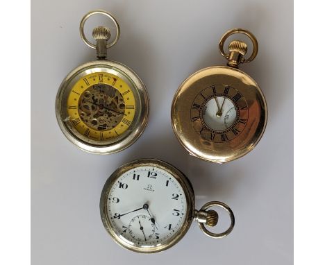 An early 20th century Jaeger LeCoultre skeleton dial chrome plated pocket watch with yellow enamelled chapter ring and Roman 