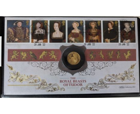 A Harrington & Byrne 2022 Royal Tudor Beasts, The Seymour Panther, 1/4oz 999.9 Gold Proof Coin Cover, with COA, edition of 99