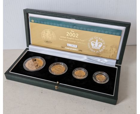 A cased Royal Mint 2002 Queen Elizabeth II Golden Jubilee gold proof sovereign Four Coin Collection, comprising Five-Pounds, 